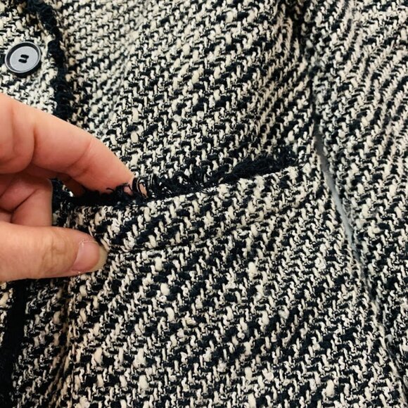 Ann Taylor LOFT Jacket BlazerTweed Black White Fringe Double Breast Knit Cardiga - Picture 5 of 8